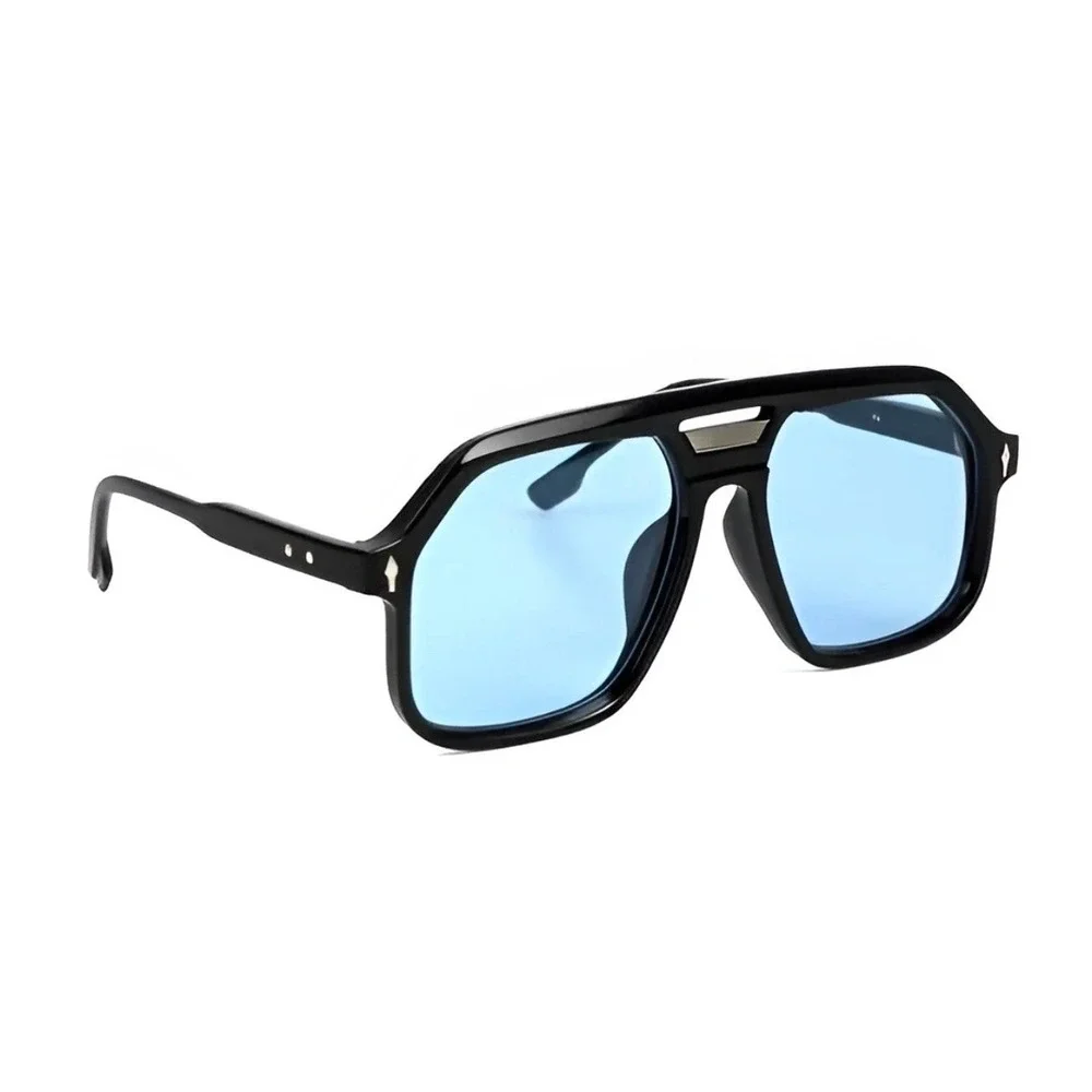 Mens Black Oversized Navigator Sunglasses‎ Blue Tinted Lens Square Aviator Frame